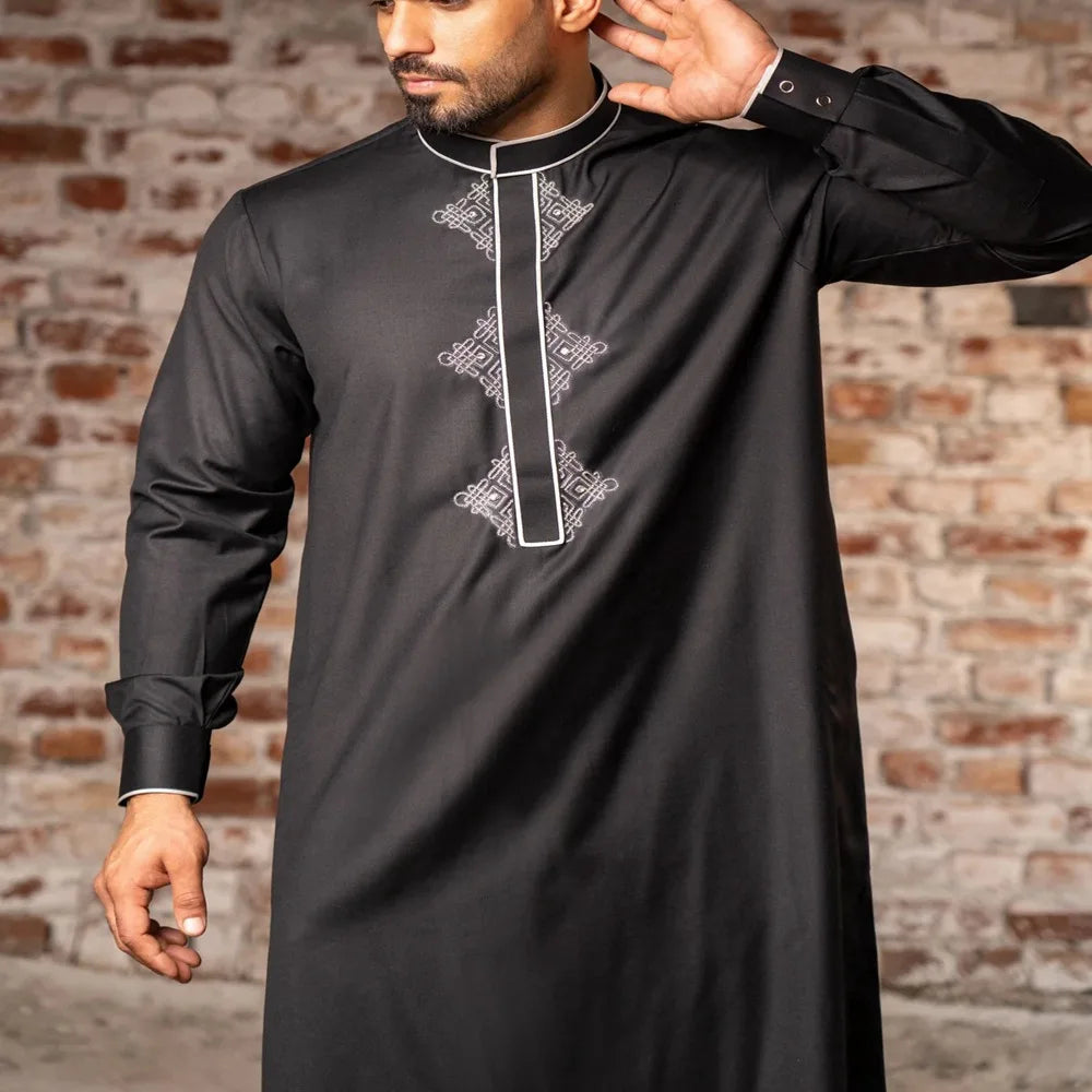 Eid Muslim Fashion Men Jubba Thobe Embroidery Stand Collar Dubai Arab Long Dress Islamic Ramadan Robe Saudi Musulman Abaya Male