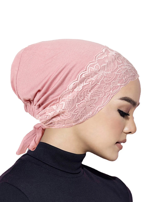 Solid Color Elastic Strap Women Hijab Caps Muslim Wrap Head Turban Bonnet Fashion Lace Headdress Islamic Clothing Accessories