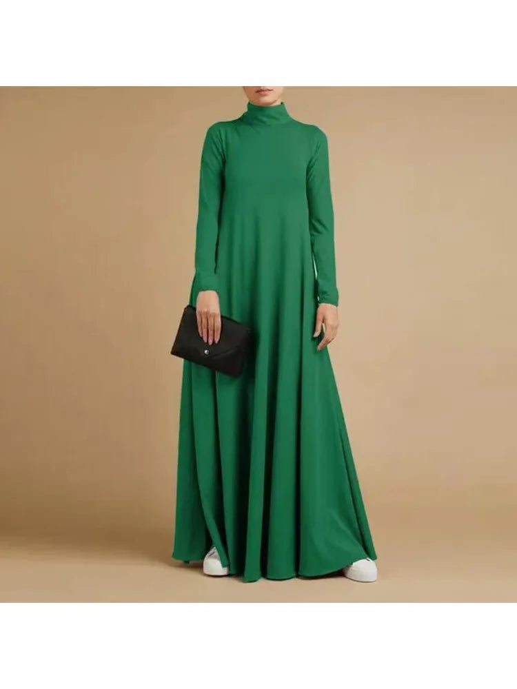 S-5XL Vintage Solid Muslim Dress WomenTurtleneck One-piece Sundress Casual Long Sleeve Maxi Vestidos Female Autumn Robe