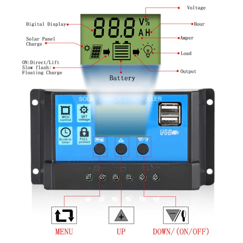 10A 12V 24V PWM Solar Controller Light &Time Control Auto Adapte Solar Charge MCU Controller Dual USB Port LCD Display Hot Sale