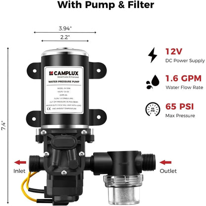 BTU Camping Water Heater with 1.6 GPM Water Pump Pack, BW158GP60, Gray