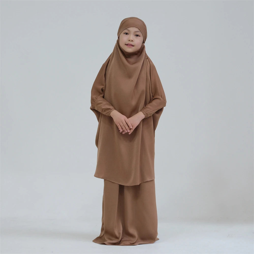 Gowns for Kids Girls Islamic Clothing 2 Piece Sets Dubai Muslim Outfits Overhead Hijabs Abaya Khimar Skirt Ramadan Eid Dresses