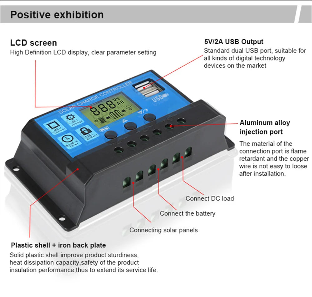 Upgraded 10A 20A 30A Solar Controller 12V/24V Auto Solar Panel PV Regulator PWM Battery Charger 5V Output LCD Display Dual USB