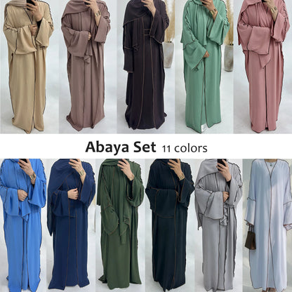 Turkey Dubai Abayas Muslim Set Cardigan Inner Lap and Turban Muslim Long Robes Three-piece Muslim Open Abayas for Women Dress