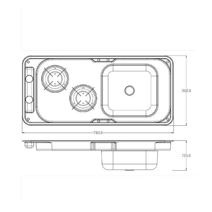 RV Gas Stove Two Burner Rectangular Stainless Steel Sink Combi with 2 Glass Lid 2.18KW 0.8MM Thickness for Car Kitchen