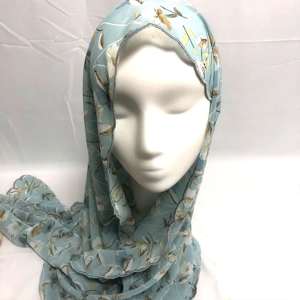 Chiffon Hijab Scarf Foulard Femme Musulman Printed Shawl Islamic Clothing Headwear Muslim Headscarf 4 Side Embroidery 180X70CM