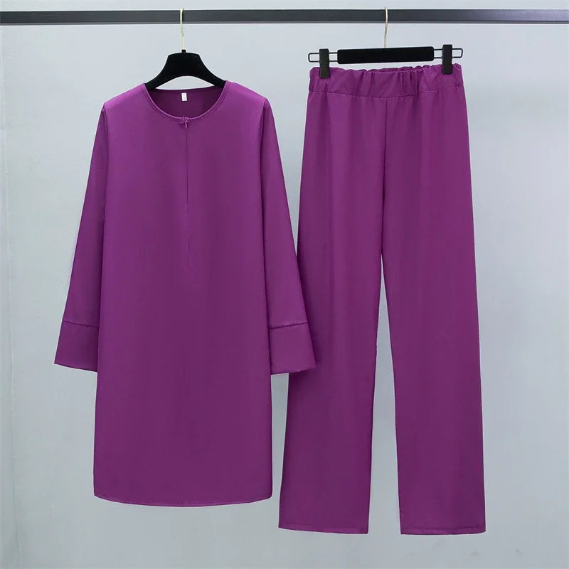 Women Muslim Sets Two Pieces Suits Casual Long Chiffon Shirts Pullover Tops and Straight Pants Loose Trousers Women Sets