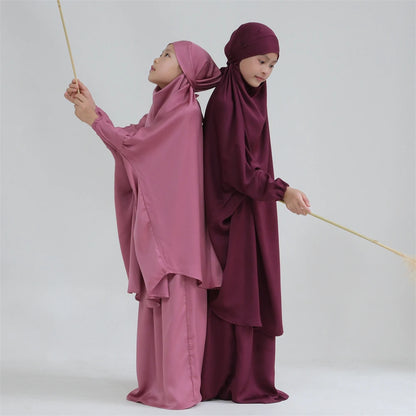 Gowns for Kids Girls Islamic Clothing 2 Piece Sets Dubai Muslim Outfits Overhead Hijabs Abaya Khimar Skirt Ramadan Eid Dresses