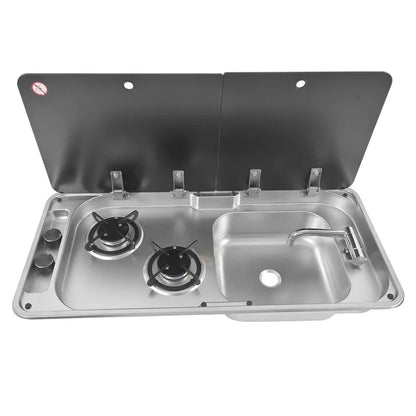 RV Gas Stove Two Burner Rectangular Stainless Steel Sink Combi with 2 Glass Lid 2.18KW 0.8MM Thickness for Car Kitchen