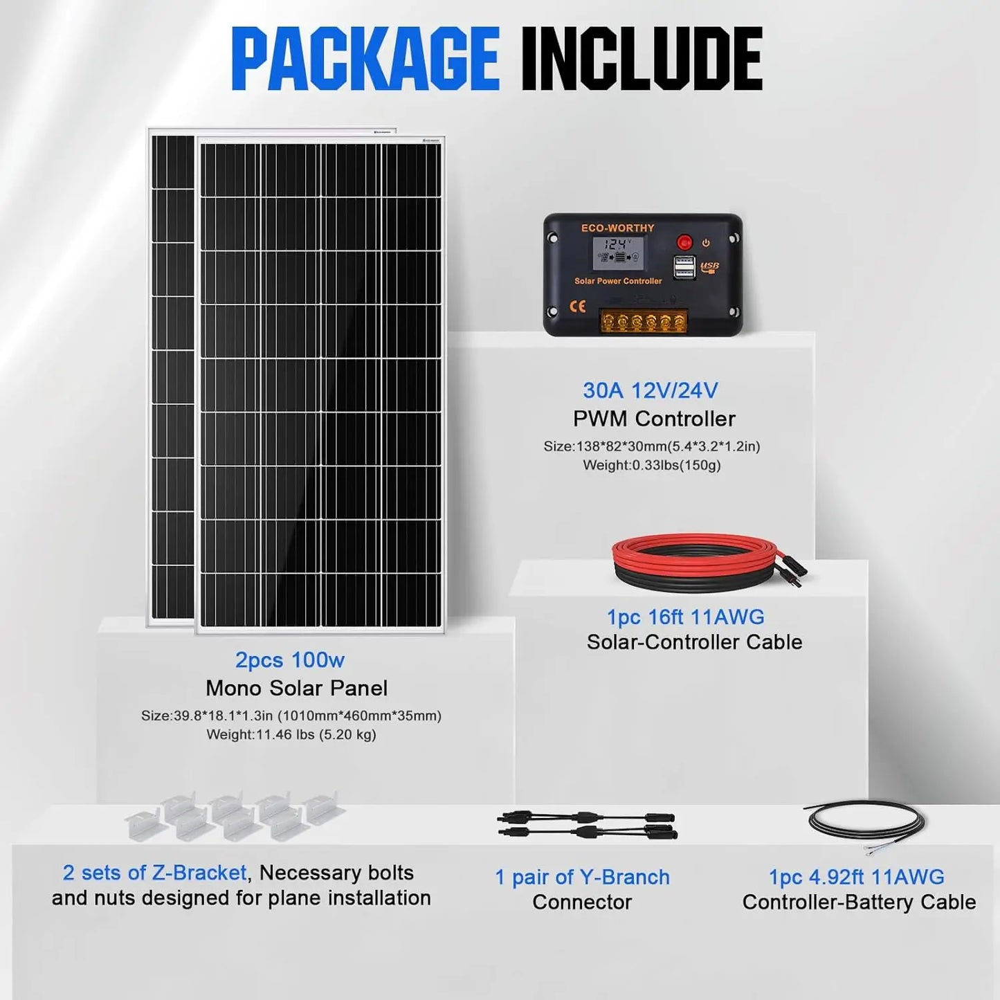 ECO-WORTHY 200Watts 12 Volt/24 Volt Solar Panel Kit withHigh Efficiency Monocrystaline Solar Panel and 30A PWM Charge Controller