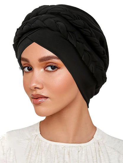 Trendy Braid Muslim Turban Cap Solid Color Women Hijabs Islamic Chemo Cap Head Scarf Ladies Head Wrap Cover Hijab Scarf