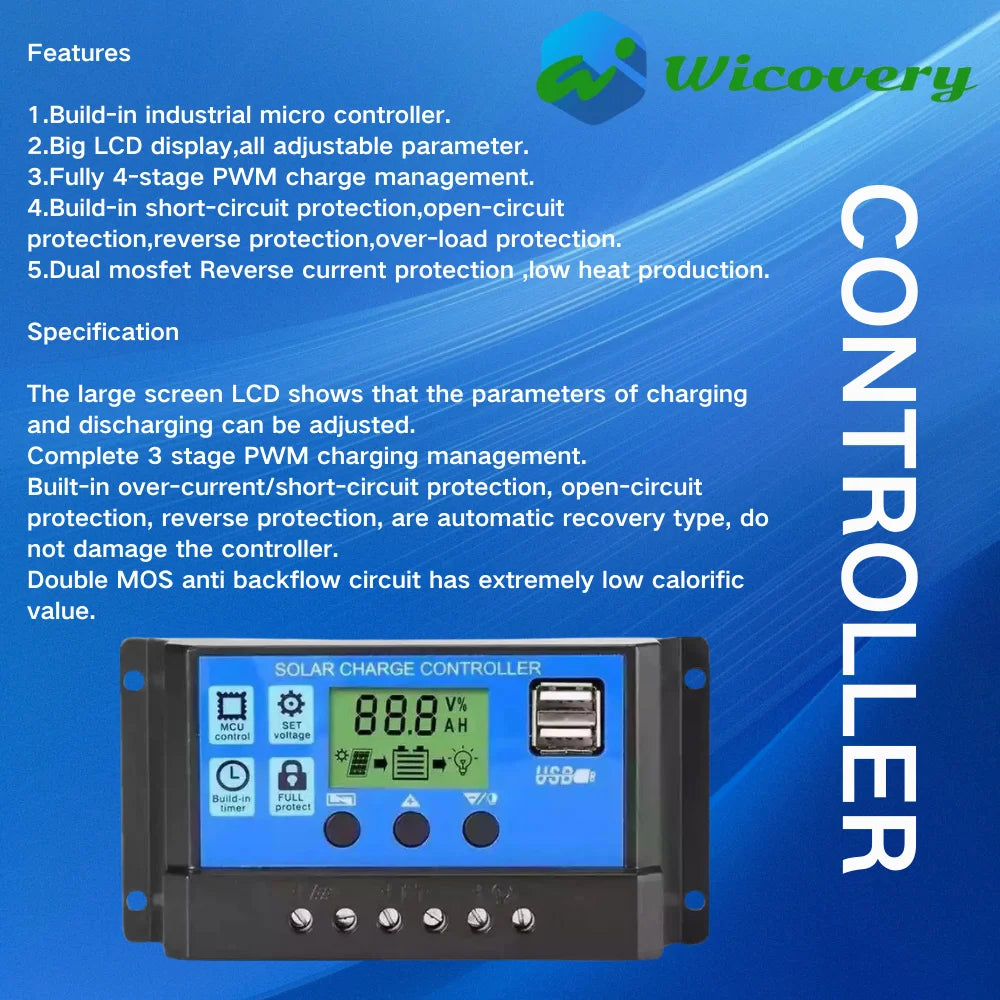 mppt solar charge 10A 20A 30A Solar Controller 12V/24V Solar Regulator PWM Battery Charger LCD Display Dual USB 5V Output