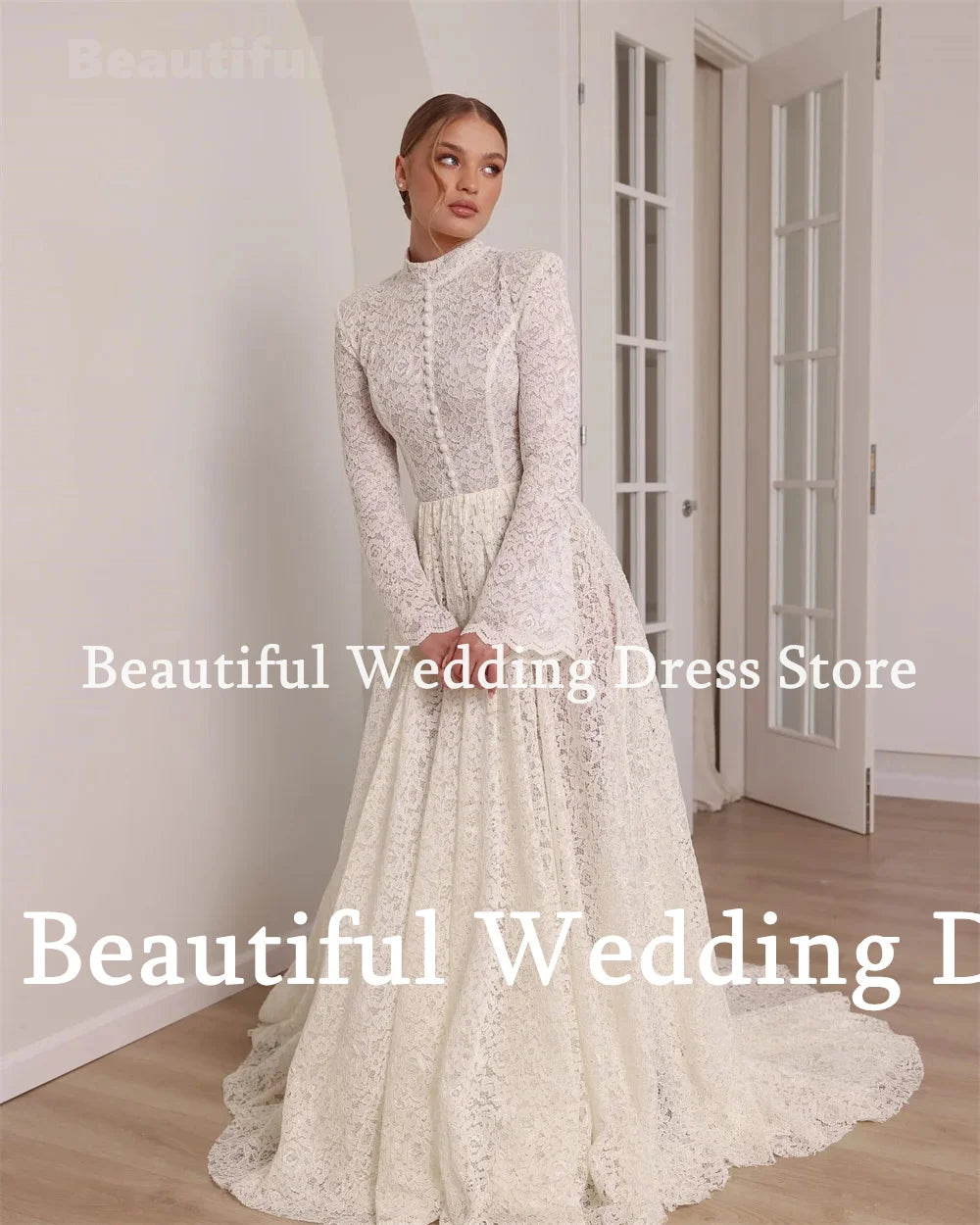 New Muslim Wedding Dress Lace High Neck Long Sleeves A-Line Floor-Length Bridal Dress Vestidos de novia Arab Robes de mariée