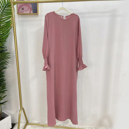 Under Abaya Inner Long Slip Dress Solid Color Smocked Cuffs Islamic Clothing Muslim Woman Casual Dubai Turk Modest Hijabi Robe