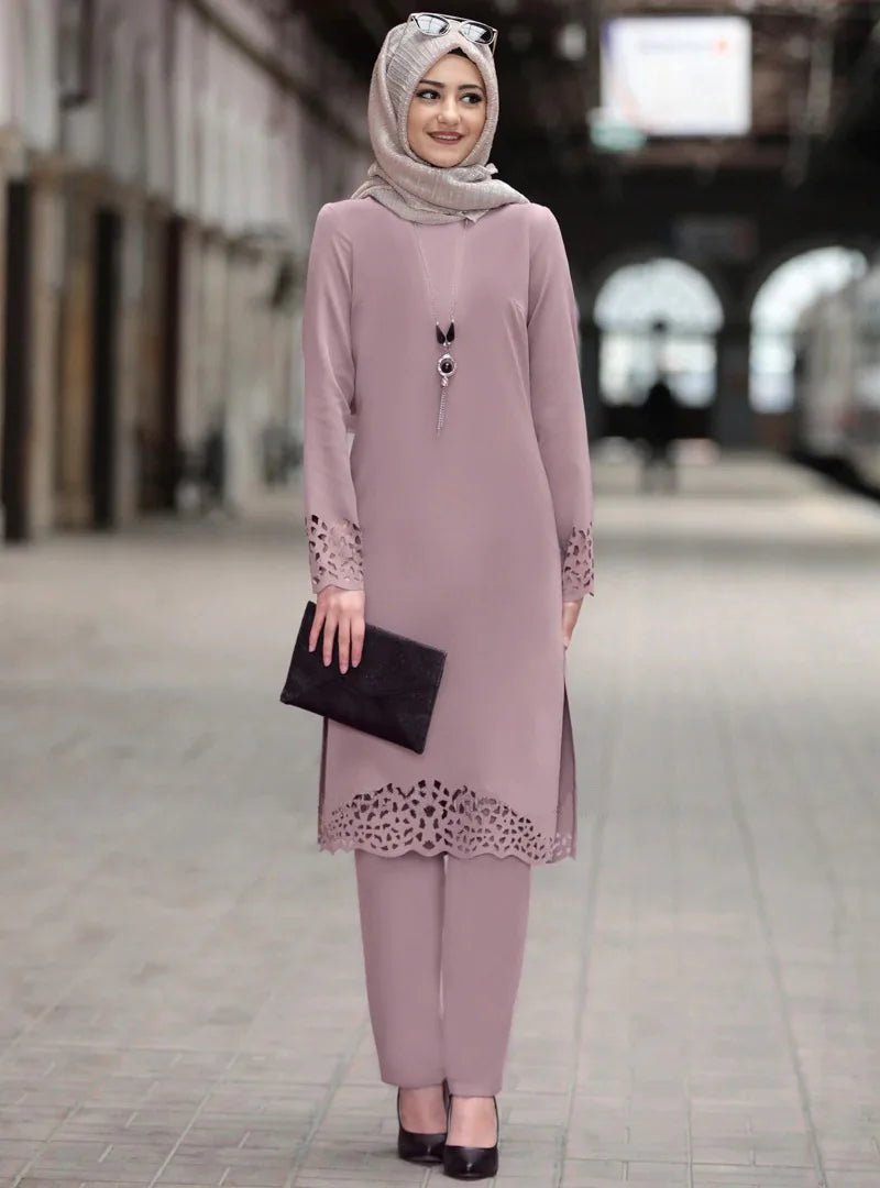 2024 Women Muslim Abaya Sets Fashion Hollow Out Long Sleeve Dreess and Pants Two Pieces Women Islamic Clothing Arab Dubai Kaftan