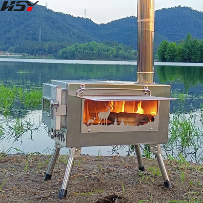 Stainless Steel Folding Heating Tent Stove, Outdoor Camping, Firewood Stove, Picnic Fire Stove with Window