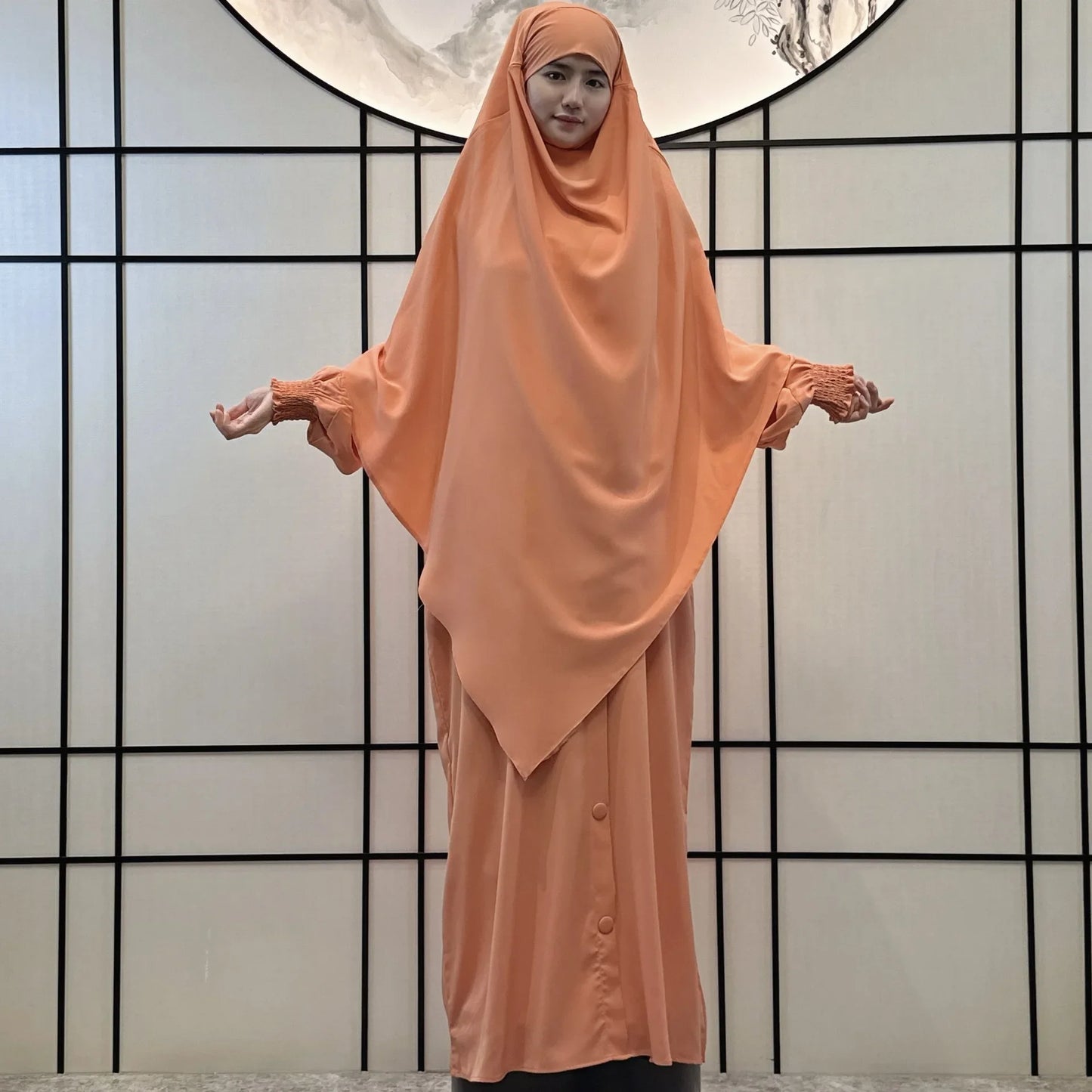 Muslim Women Prayer Dress with Khimar Hijab 2 Piece Set Eid Abaya Long Robe Headscarf Islamic Morocco Kaftan Vestidos Jalabiya