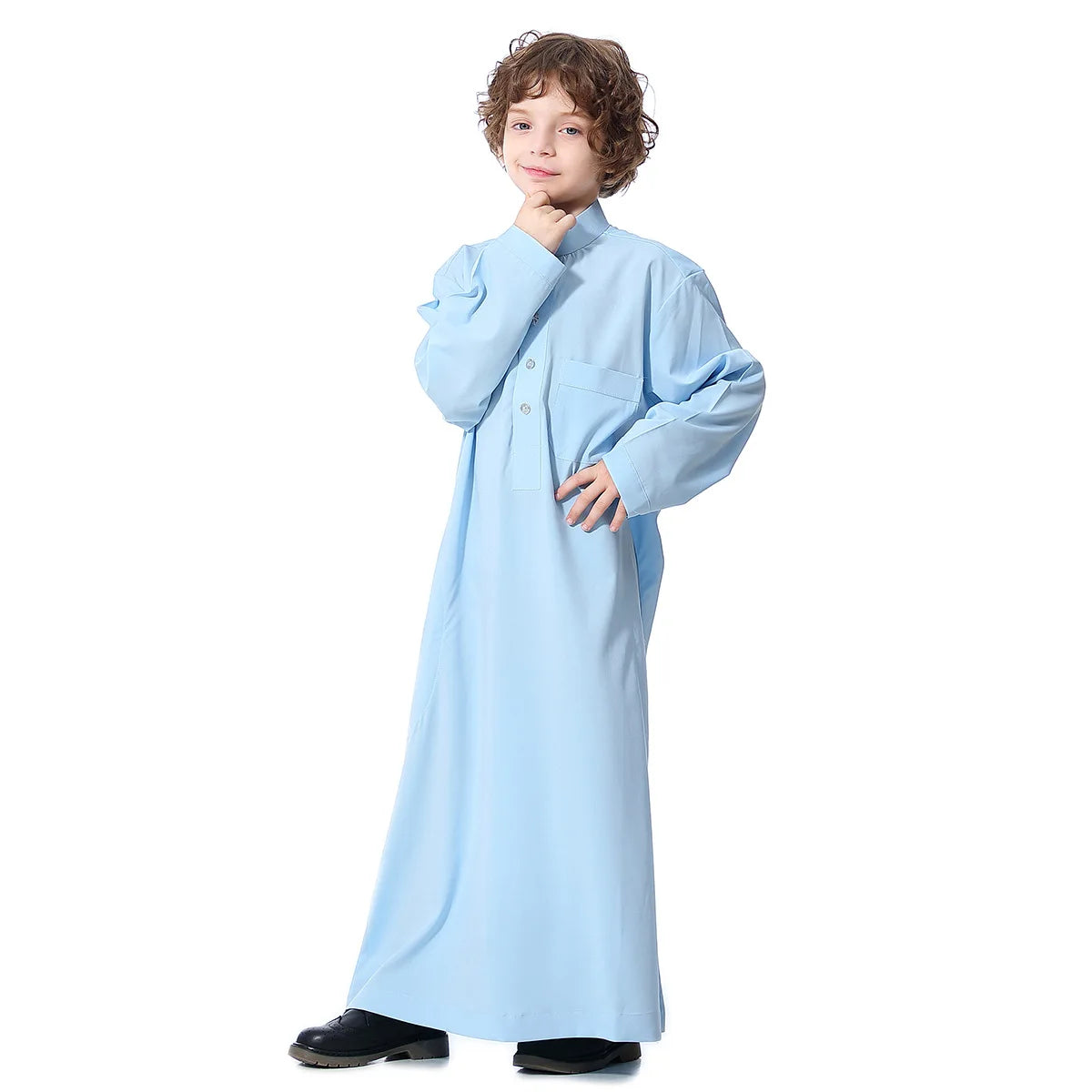 Boys Islamic Clothing Kids Muslim Jubba Thobe Solid Long Sleeve Stand Collar Kaftan Robes Arab Dubai Children Casual Abaya Dress