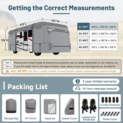 Class A RV Cover 2024 Upgraded 7 Layers Anti-UV Top Panel Motorhome Cover Windproof Camper Cover for 31' to 34' Motorhome with 2