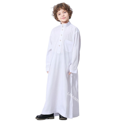 Solid Stand Collar Boys Kids Islamic Muslim Juba Kaftan Robe Arabian Dubai Qatar Children Long Dress Singel-Breasted Abaya Robe