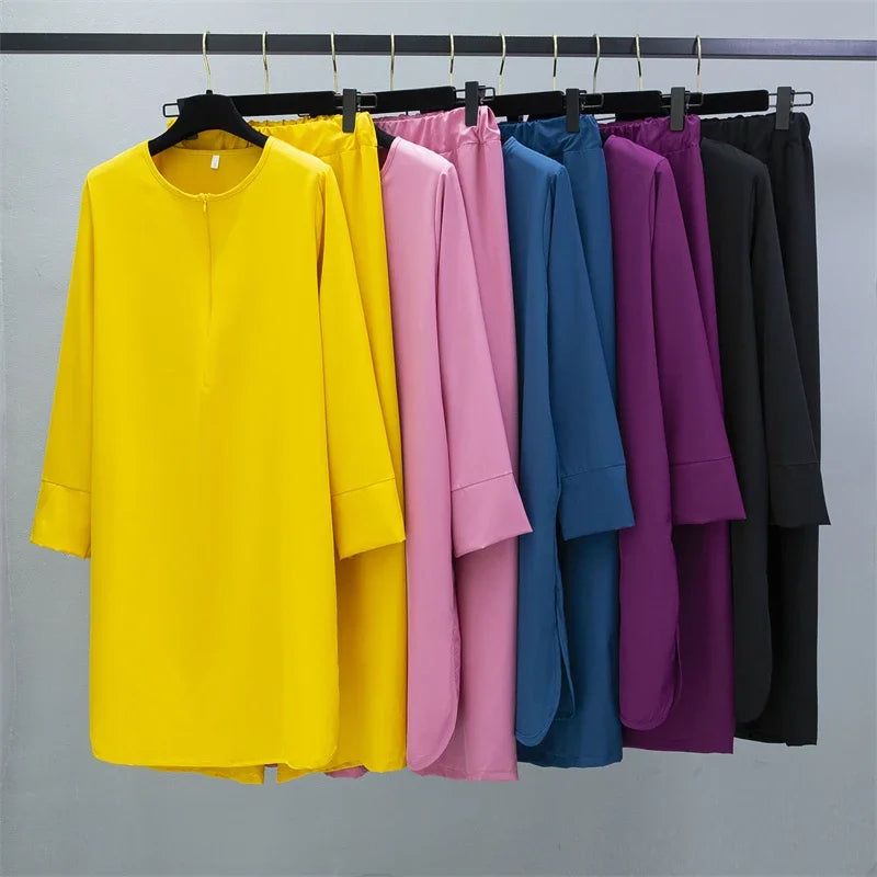 Women Muslim Sets Two Pieces Suits Casual Long Chiffon Shirts Pullover Tops and Straight Pants Loose Trousers Women Sets