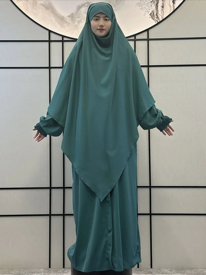 Muslim Women Prayer Dress with Khimar Hijab 2 Piece Set Eid Abaya Long Robe Headscarf Islamic Morocco Kaftan Vestidos Jalabiya