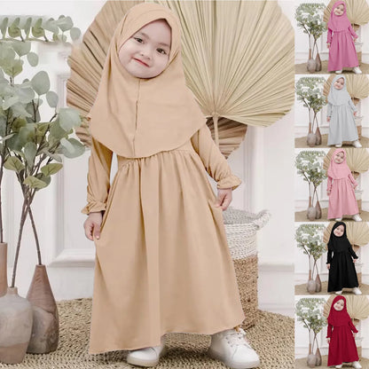 Muslim Abaya Robe And Headscarf Set For Girls 0-5 Years Pure Color Robe With Hijab Girls Outfits&Set Children Muslim Outfits