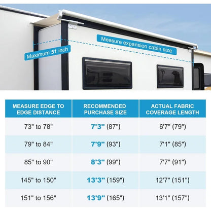 RV slide topper, modular slide out awning protection for RVs, travel trailers, 5th wheels, and motorhomes-7 '3 "(6'7" fabric),