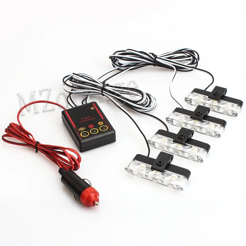 4*3 LED Police Lights for Car Led Flasher Fso Cigaretteer Grill Warning Lamp 12V Motorcycles Strobe Lights Flashlight