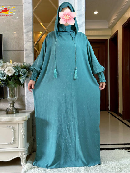 New Ramadan Muslim Double hat Solid Cotton Abaya Dubai Turkey Islam Prayer ClothesWith Stones Dress Islam Women Dress Kaftan