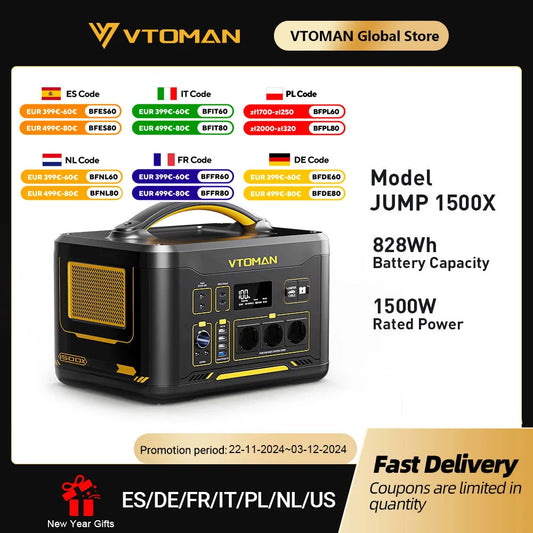 VTOMAN JUMP 1500X Portable Power Station Camping LiFePO4 Battery 828Wh 1500W AC Outlets Solar Generator For Home RV Outdoor