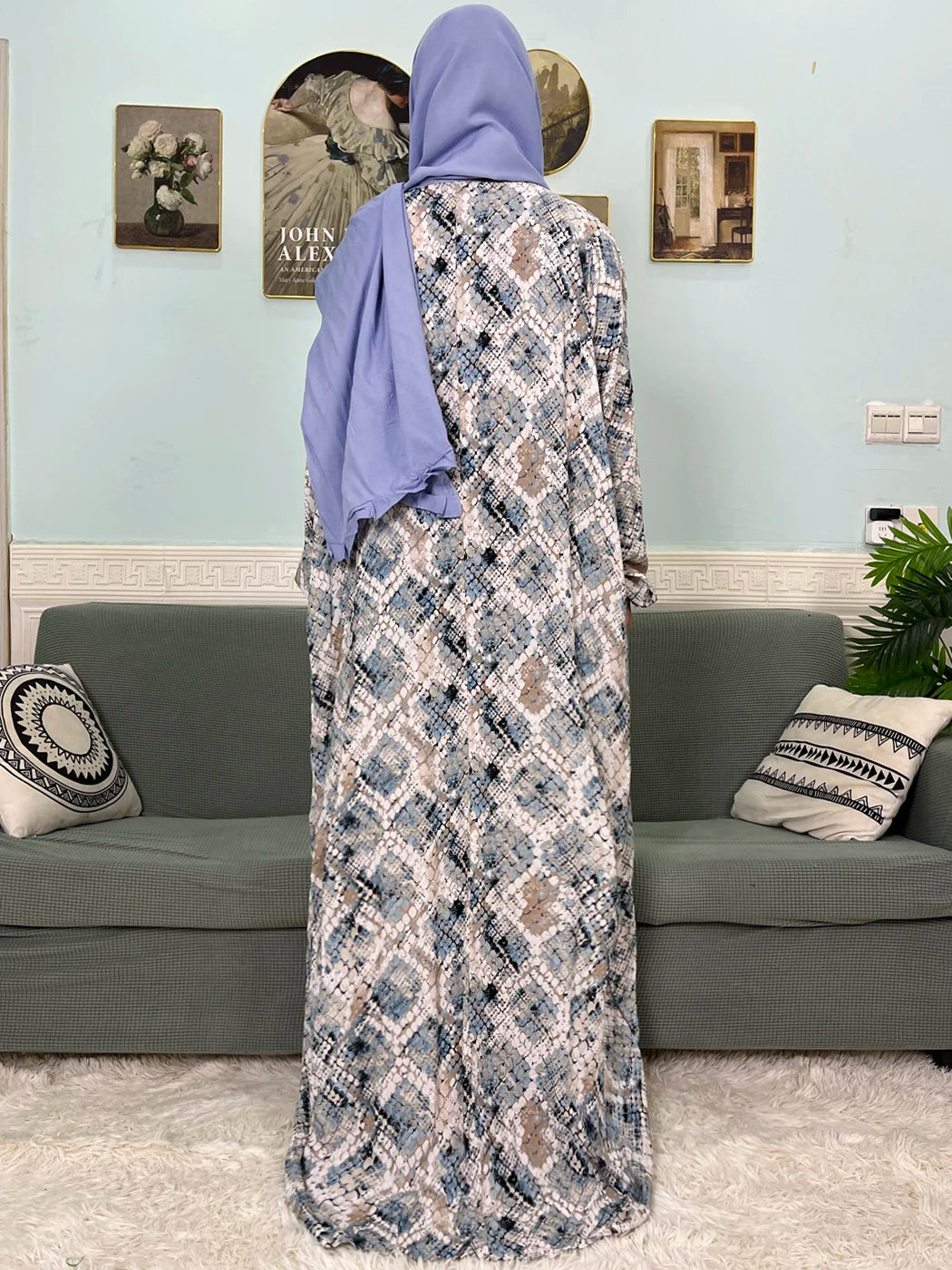 Muslim Traditional Ramadan Abayas For Women's Prayer Garment Cotton Printed Floral Boubou Loose Femme Robe Connected Headscarf