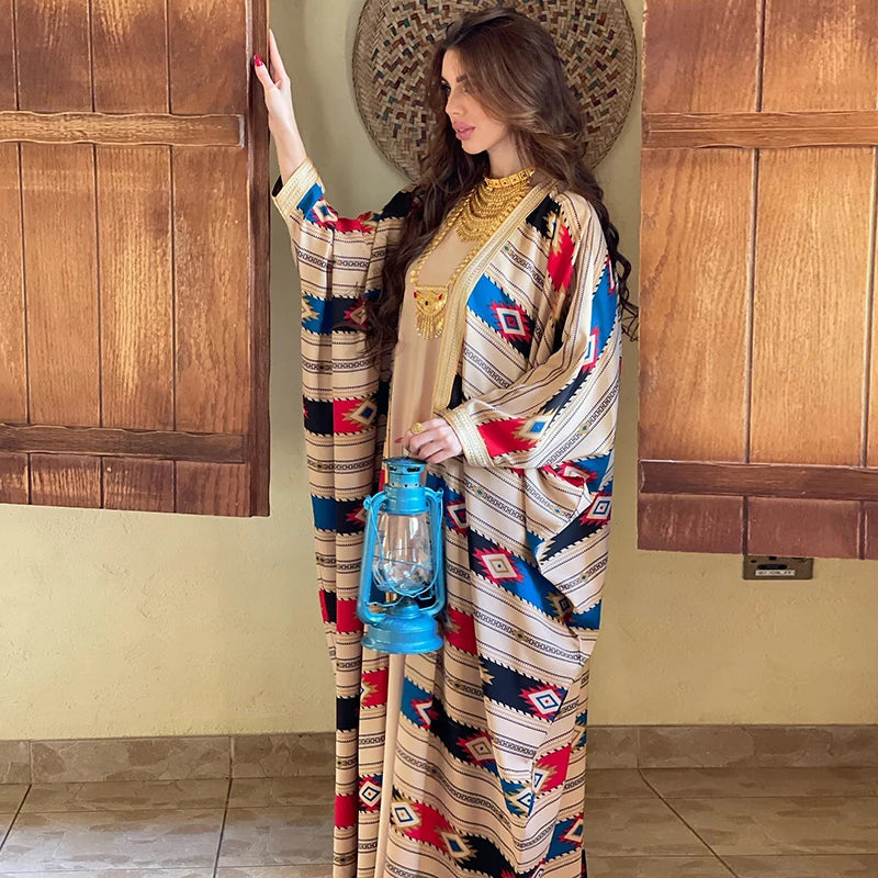 2024 New Stock Muslim Solid Color Tank Top Tower Stripe Bat Sleeve Coat Two Piece Arabic Panel Print Long Dress