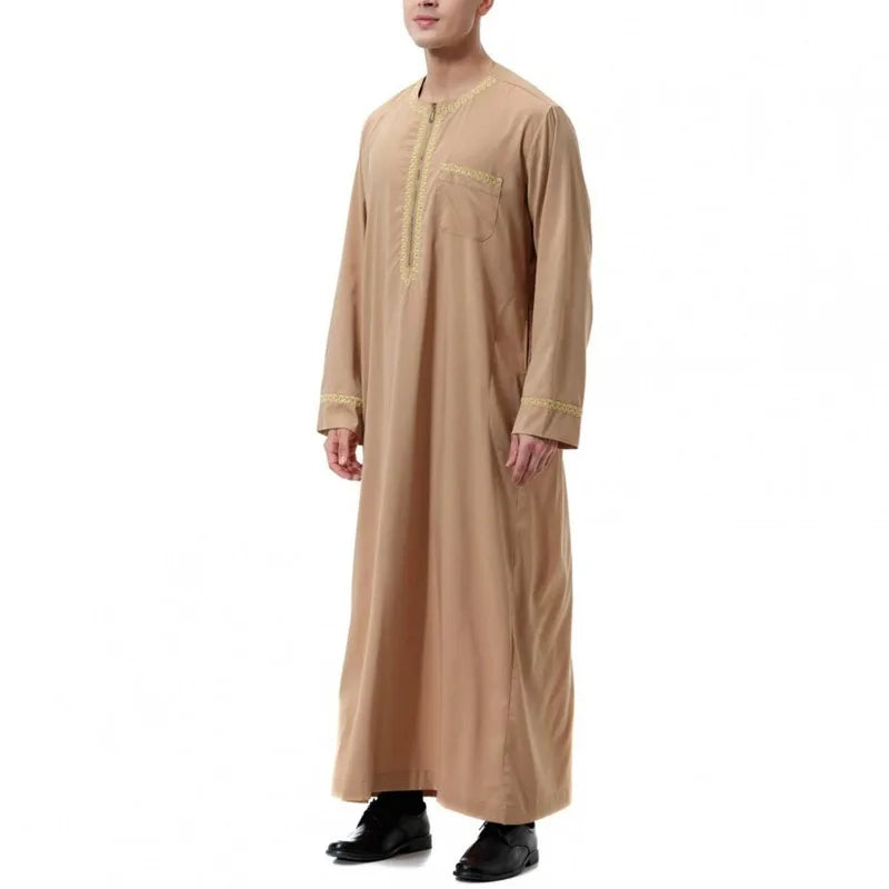 Men's Muslim Robes Middle East Arab Ramadan Islamic Clothing Solid Color Casual Lace Round Neck Long Sleeve T-shirt Dress Tunic