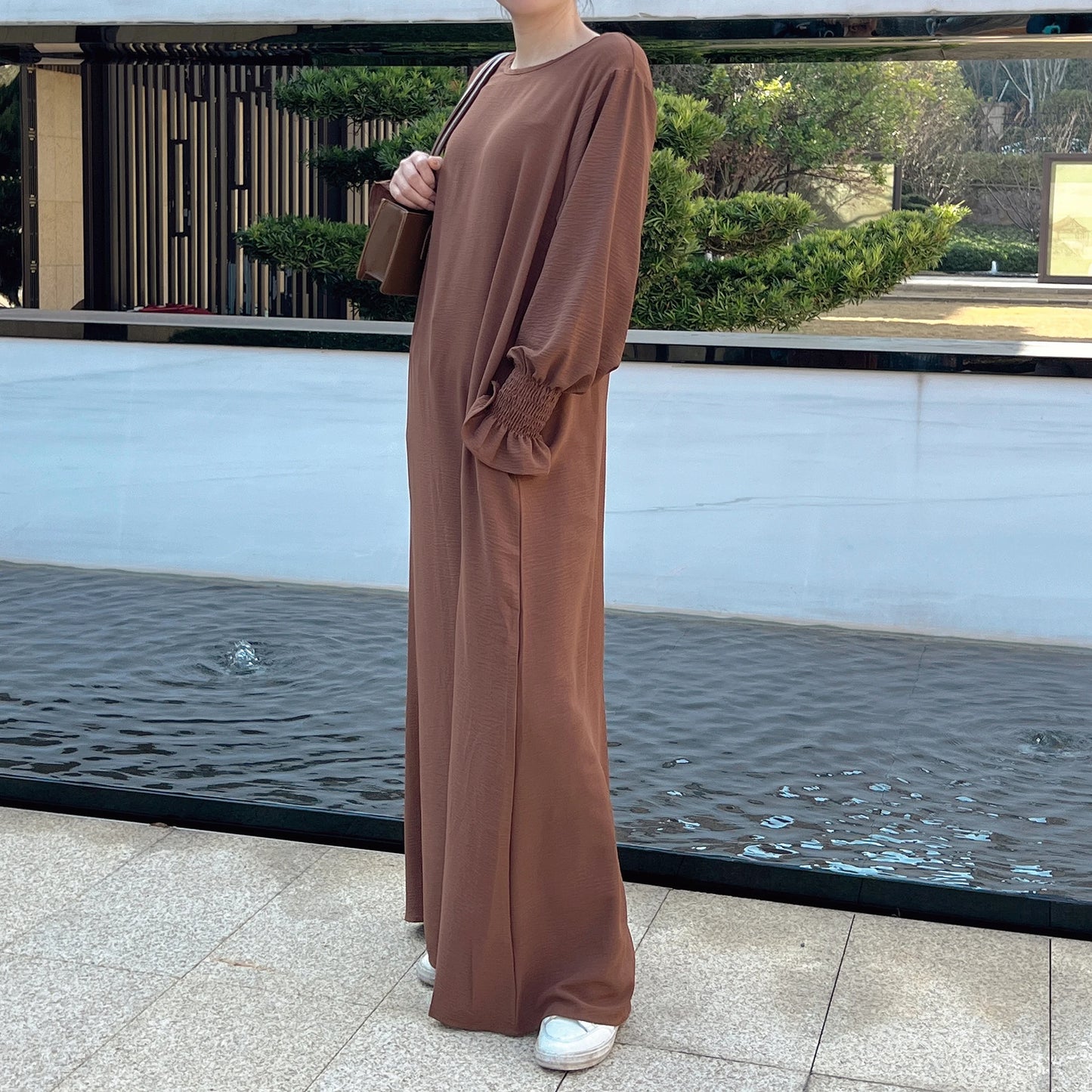 Under Abaya Inner Long Slip Dress Solid Color Smocked Cuffs Islamic Clothing Muslim Woman Casual Dubai Turk Modest Hijabi Robe