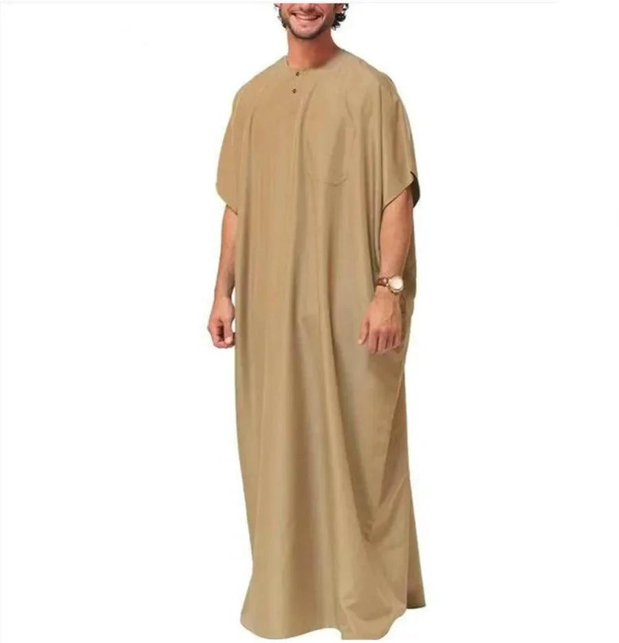 Islamic Arabic Kaftan for Men Vintage Solid Short Sleeve Loose Retro Robe Abaya Dubai Middle East Muslim Dress Men's Clothing