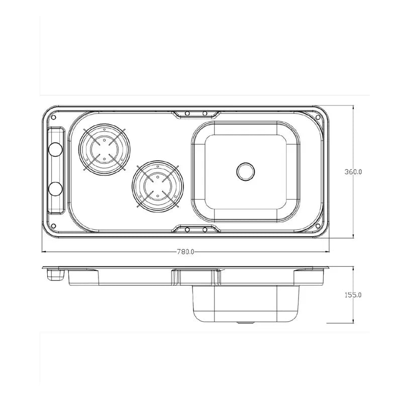 RV Gas Stove Two Burner Rectangular Stainless Steel Sink Combi with 2 Glass Lid 2.18KW 0.8MM Thickness for Car Kitchen