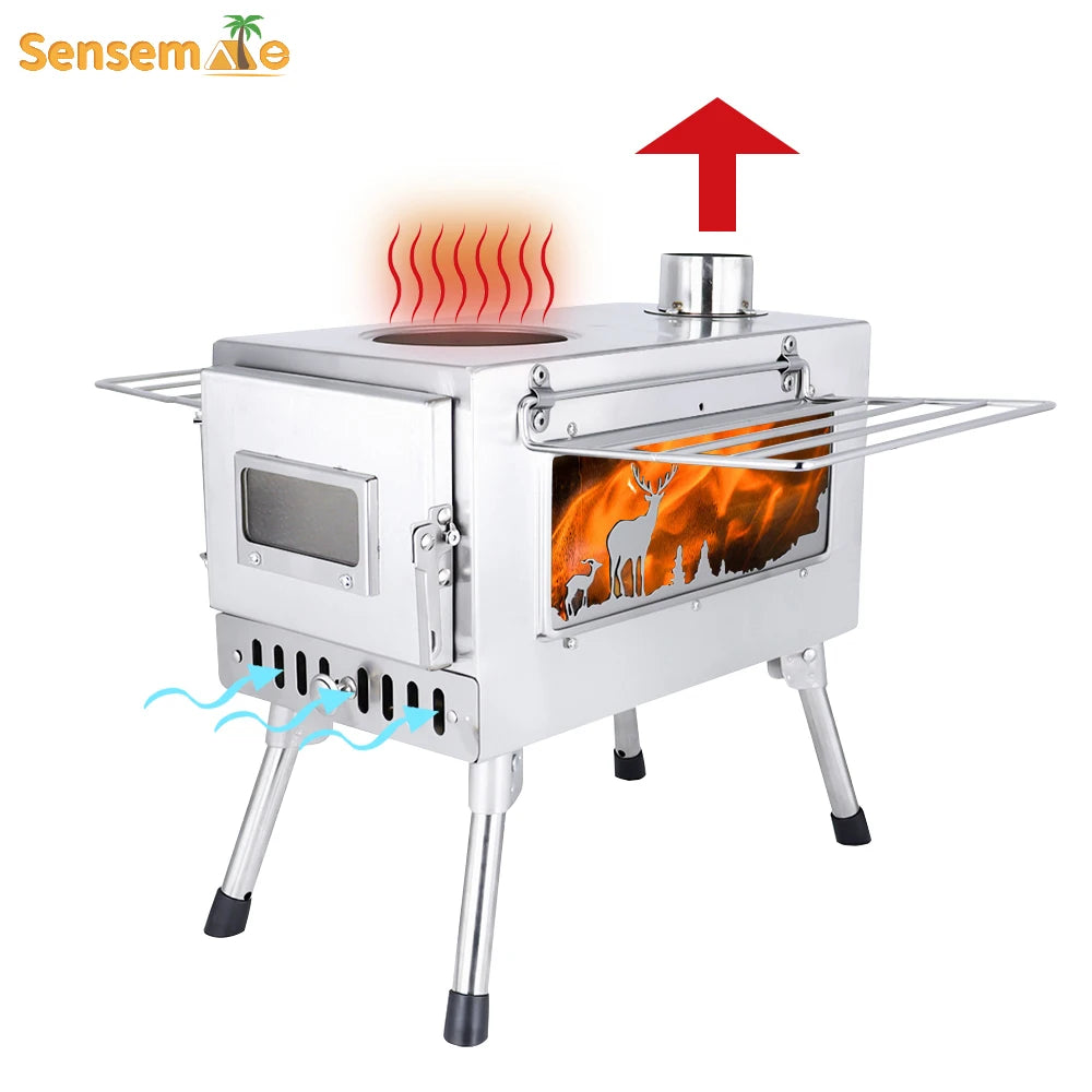 Large Portable Fire Wood Stove with Window Pipe, Tent Heater, Cot Camping, Ice-fishing Cooking, Outdoor BBQ