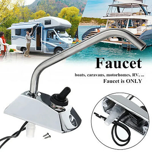 1set 12V Galley Electric Water Pump Tap Faucet Water Tap Switch For Caravan Boat Stainless Steel Swing Spout Zinc Alloy Base