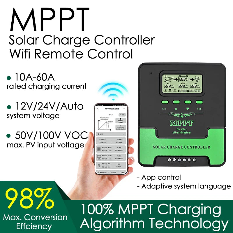 12/24V WIFI MPPT Solar Charge Controller 10/20/30/40/50/60A Solar Panel Battery Regulator LCD USB for Lifepo4 Lead Acid Lithium