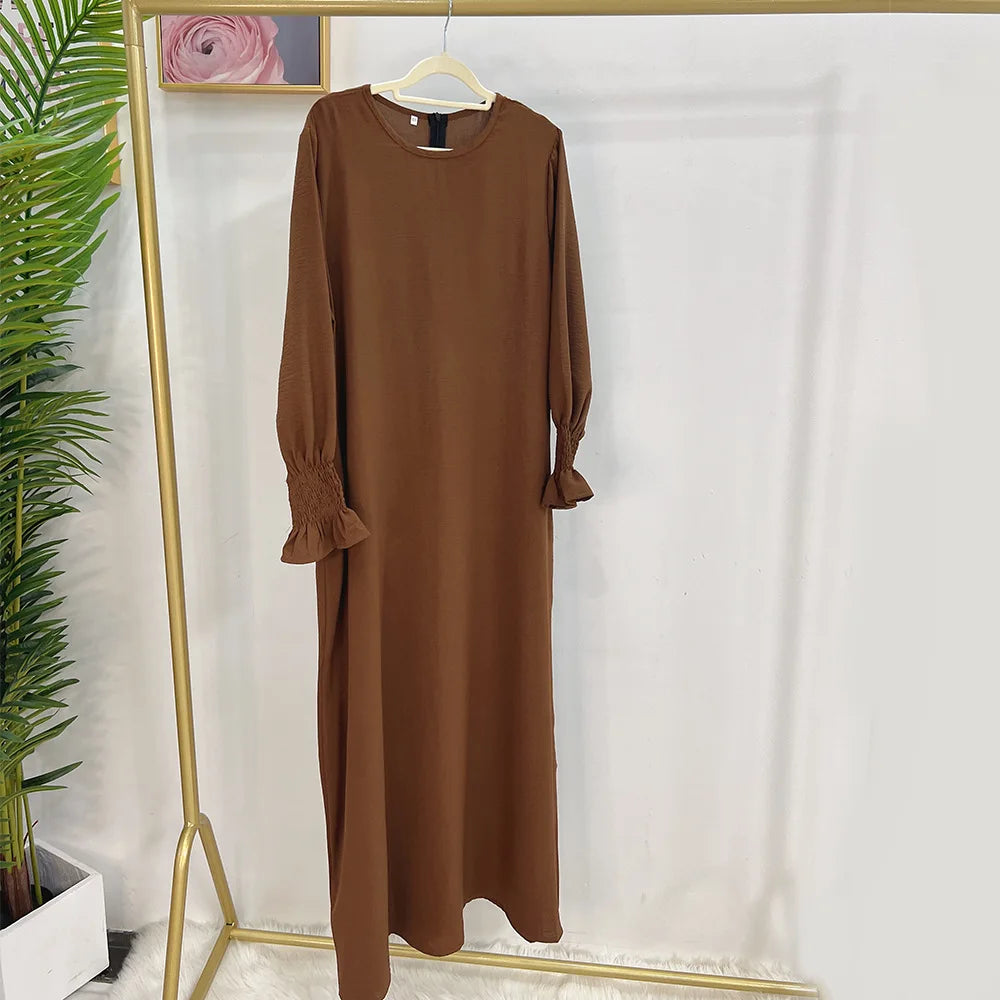 Under Abaya Inner Long Slip Dress Solid Color Smocked Cuffs Islamic Clothing Muslim Woman Casual Dubai Turk Modest Hijabi Robe