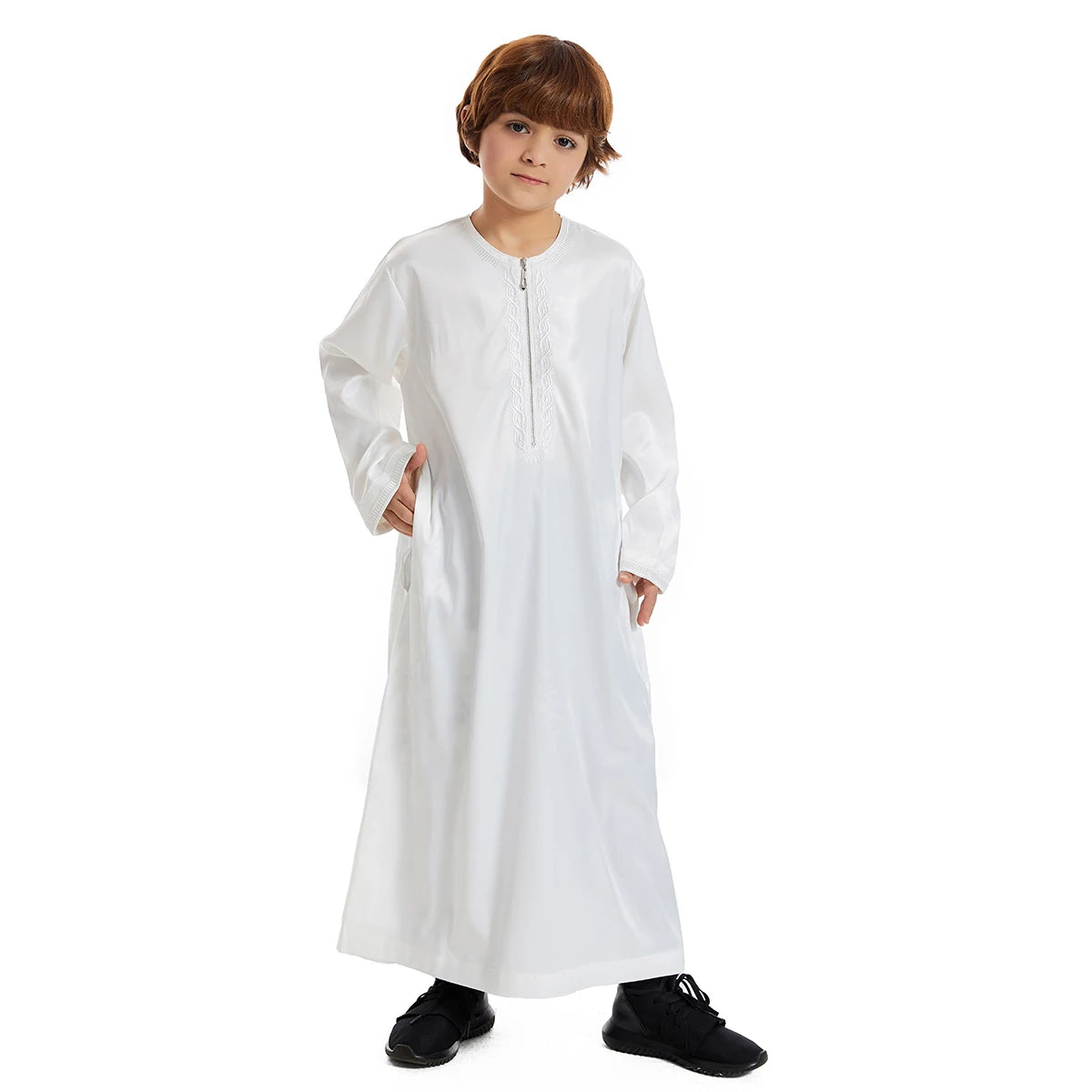 Luxury Muslim Thobe Boys Saudi Dress Kids Islamic Clothing Turkish Arab Dubai Black White Yellow Abaya Children TH881