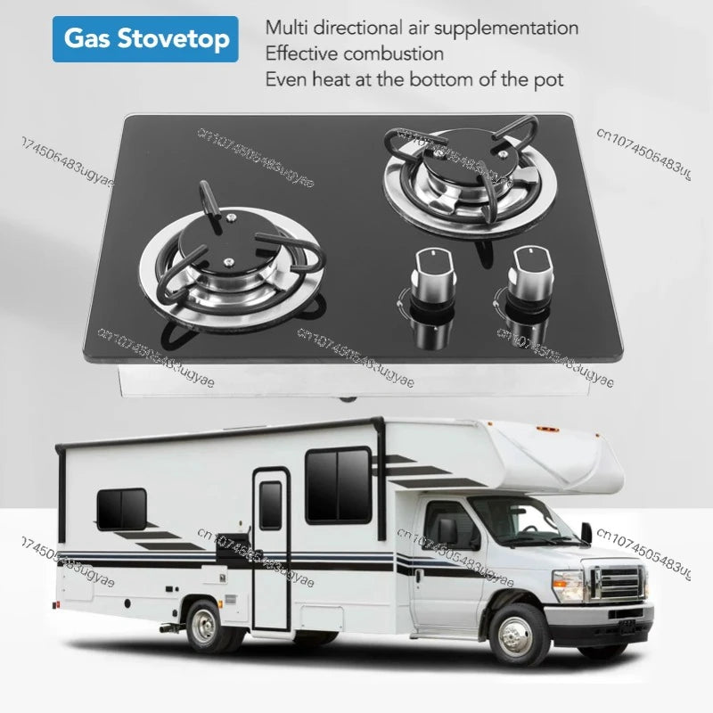 RV Gas Stove 2 Burners 1.8Kw Power Tempered Glass Panel Easy to Clean Gas Cook Top for RV Boat Caravan Camper