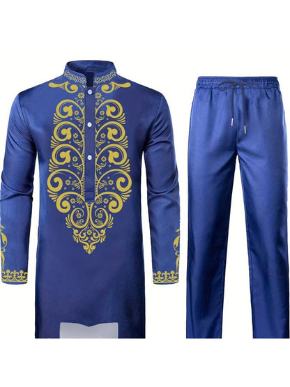 Muslim Robe Navy Blue Long-Sleeved Trousers The Traditional Dress of Arab Men 3D Pattern Printing Black White Yellow