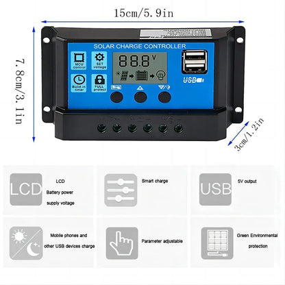 Solar Panel Charge Controller 12V 24V PWM MPPT 10A 20A 30A  Automotive Battery Charger Regulator  USB Output 5V Max PV 50V DC