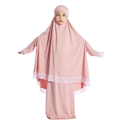 2 Piece Set Prayer Garment Lace Dress Muslim Kids Girls Abaya Gowns Overhead Hijab Long Khimar Ramadan Skirt Arab Clothes Niqab