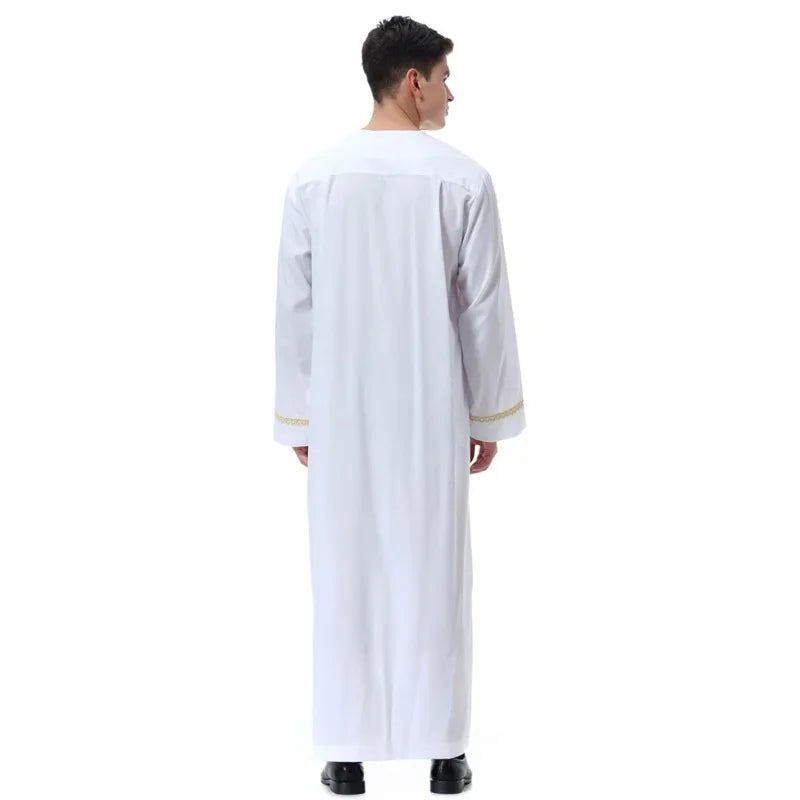 Men's Muslim Robes Middle East Arab Ramadan Islamic Clothing Solid Color Casual Lace Round Neck Long Sleeve T-shirt Dress Tunic