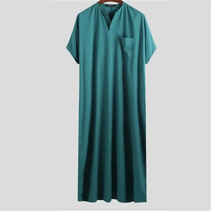 Islamic Arabic Kaftan for Men Vintage Solid Short Sleeve Loose Retro Robe Abaya Dubai Middle East Muslim Dress Men's Clothing