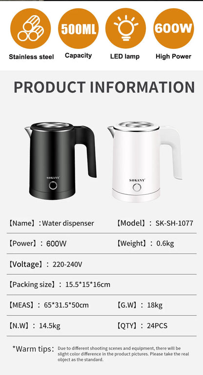 Houselin Travel Electric Kettle 0.5L Stainless Steel Household Indoor Kettle,For Hotel Family Trip Kitchen Smart Kettle Pot