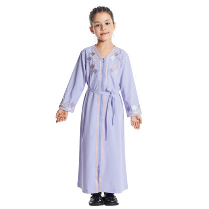 Moroccan Kids Girls Muslim Embroidery Abaya Long Sleeve Maxi Dress Turkey Arabic Kaftan Islamic Prayer Gown Robe Robes Clothing